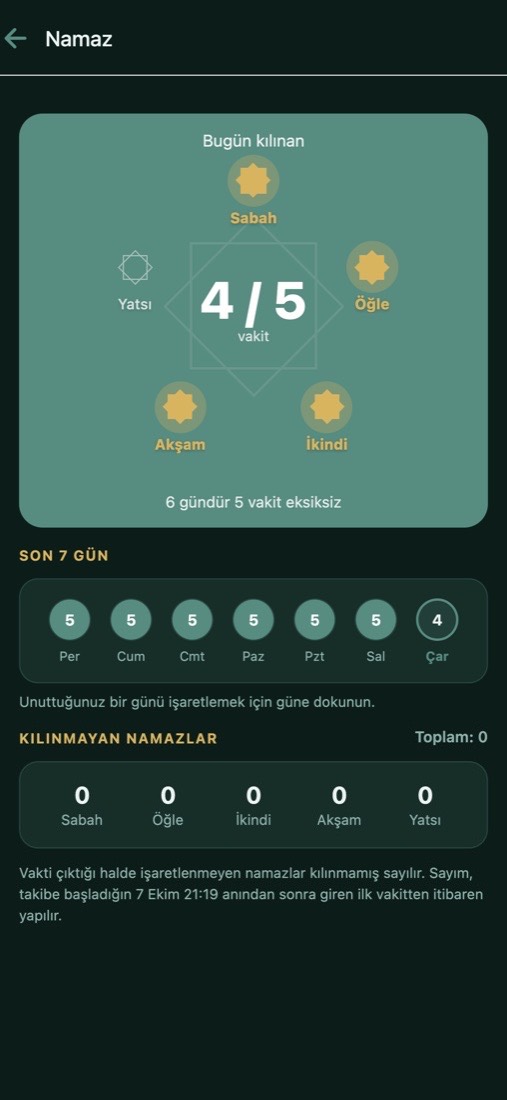 Namaz takibi ekranı